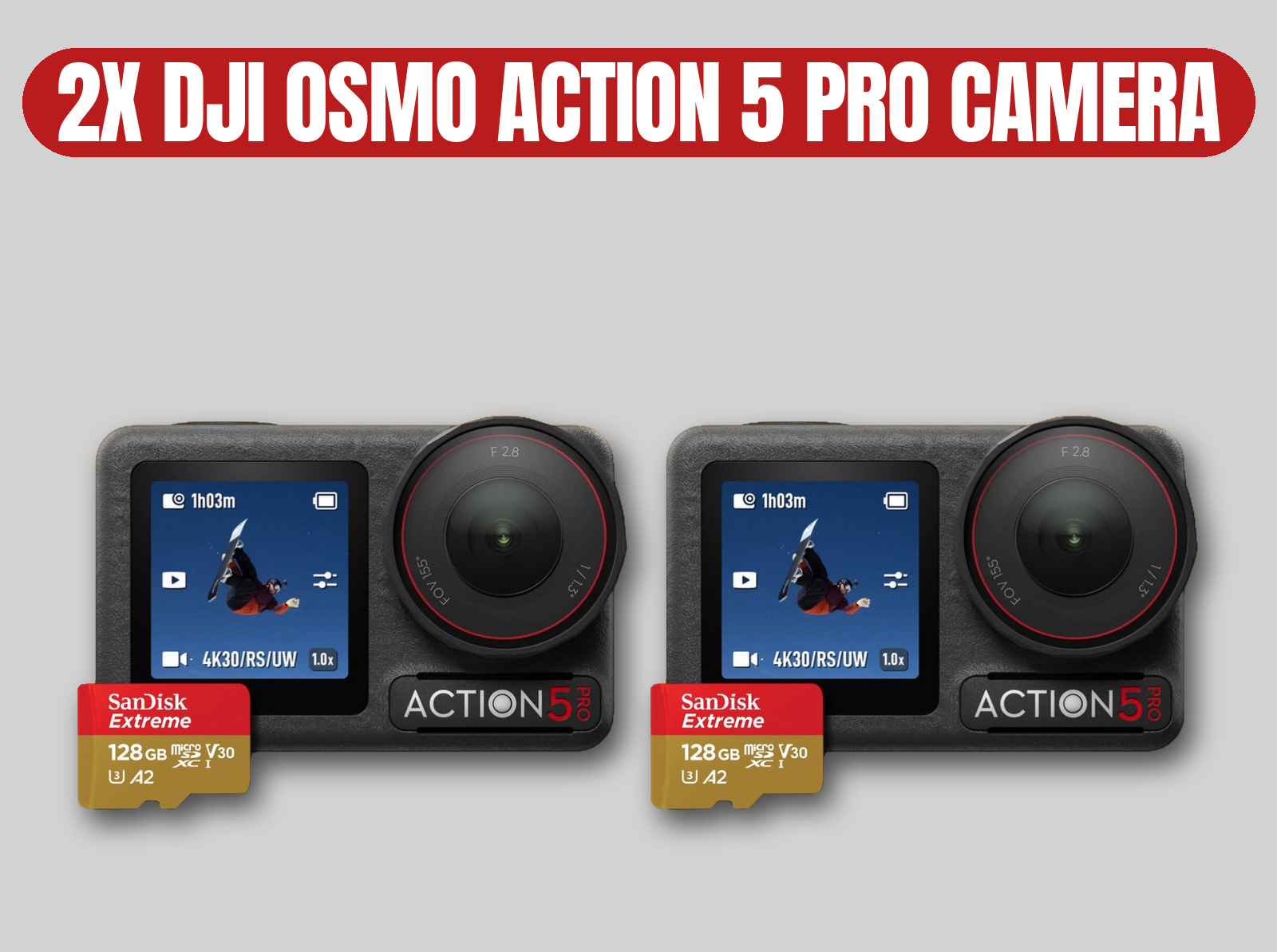 2x dji osmo action 5 pro cameras | 4k action cam kit / dual 128gb sd cards / gopro hero 13 alternative