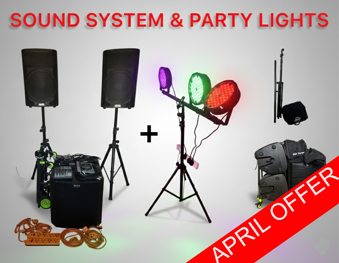 Complete dj pa system + party lights – speakers, subwoofer & led lighting