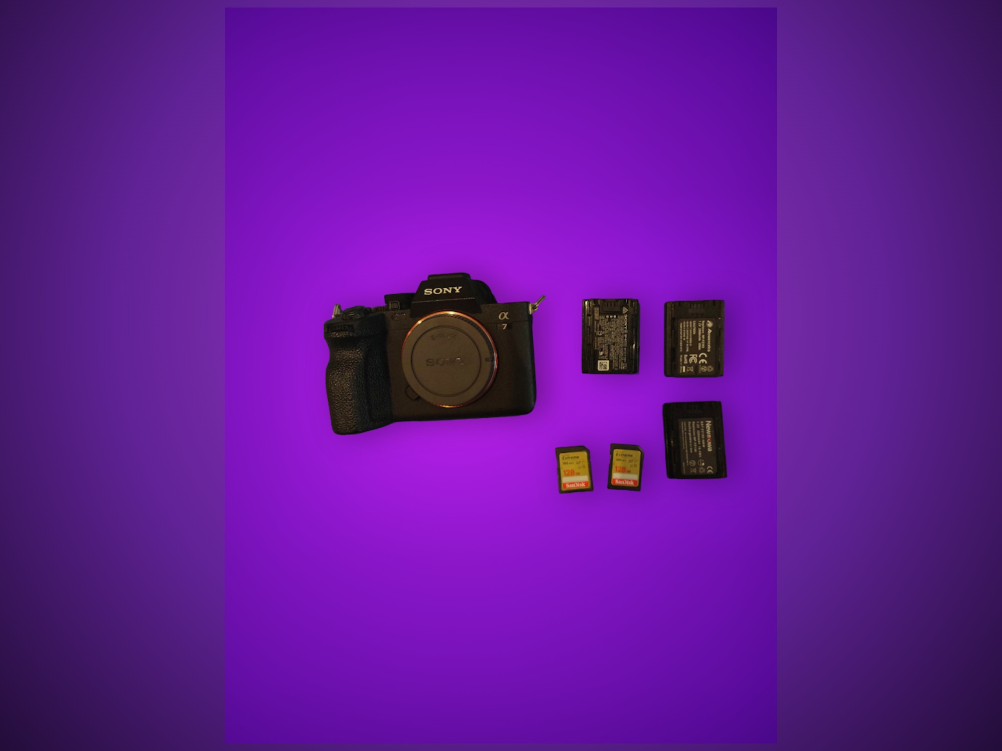 Sony a7iv body + x3 batteries + 2x 128gb sandisk sd cards (180mb/s)