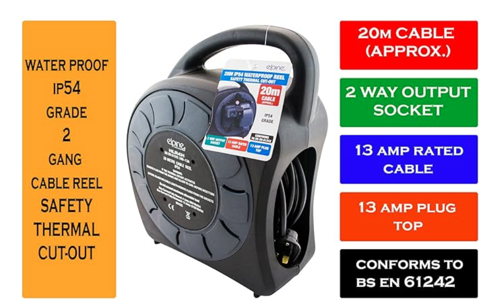20m 2 gang cable reel ip54 waterproof 