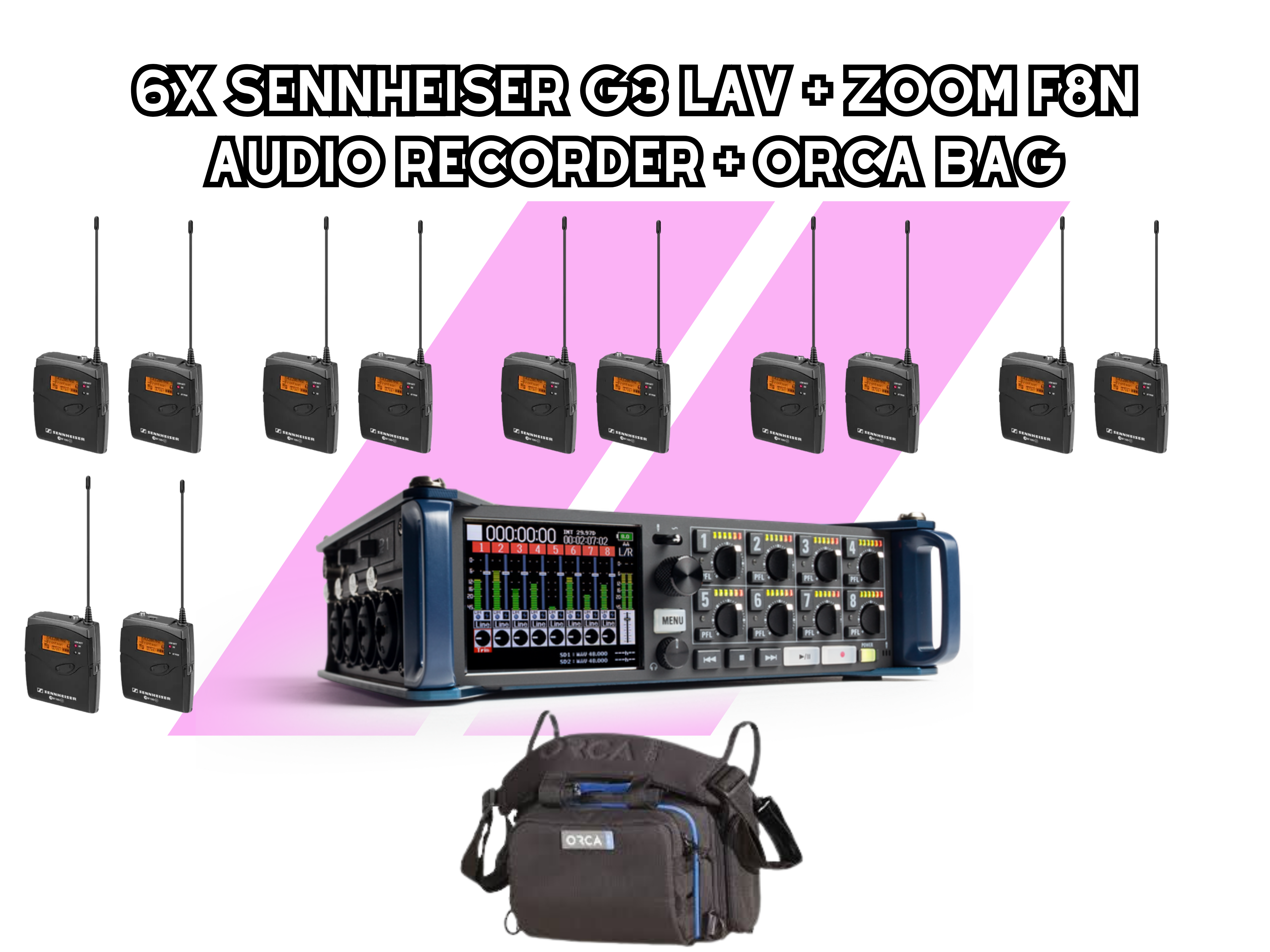 Zoom f8n audio recorder + 6x sennheiser g3 lav + orca bag