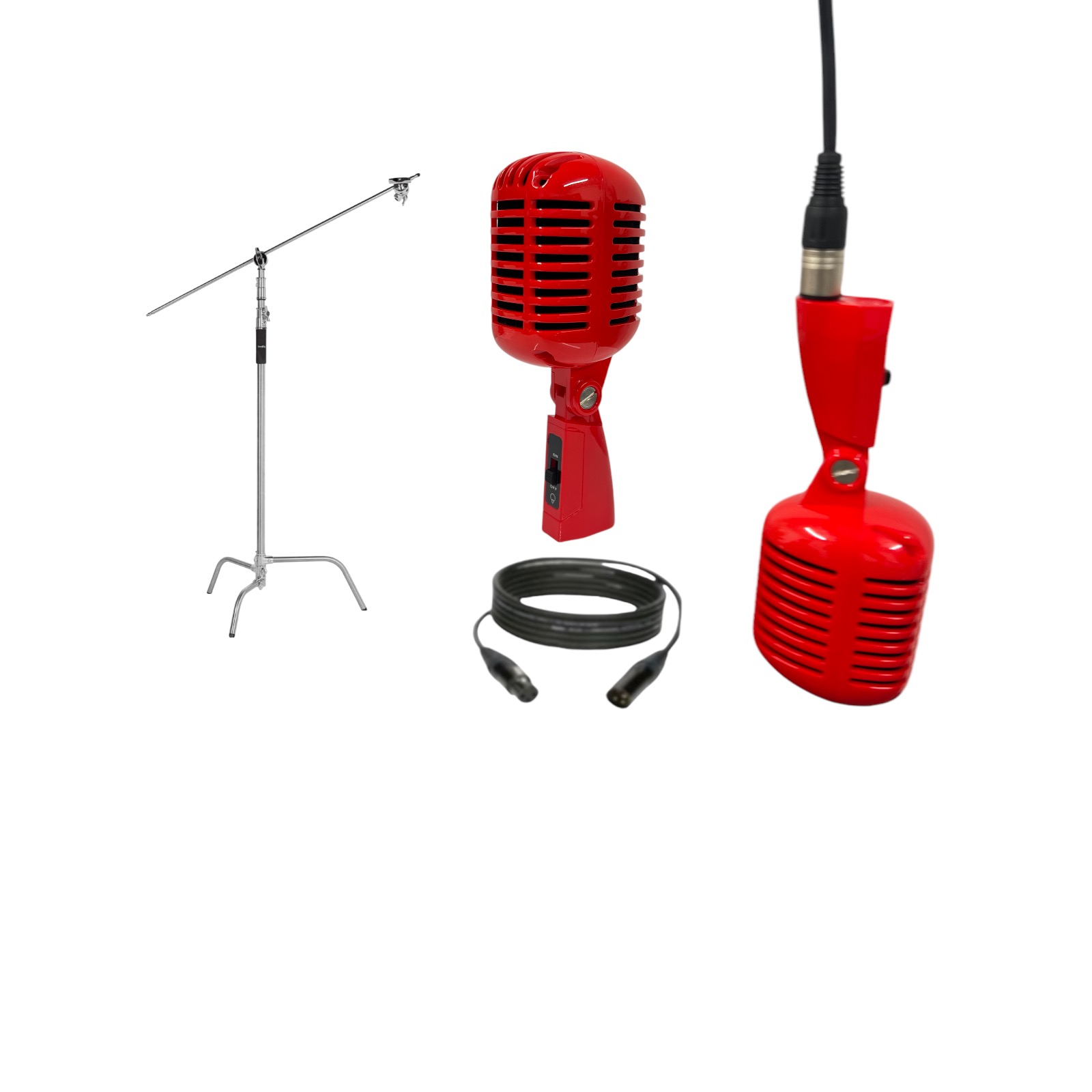 Microphone vintage retro mic red + c stand  xlr cable over head rap freestyle prop music video photography studio