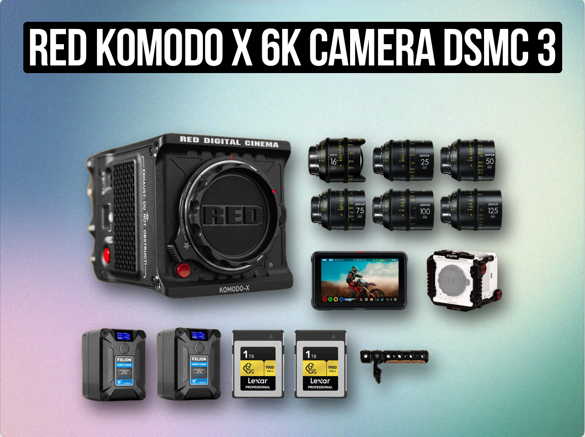 Red komodo x 6k camera dsmc 3 digital cinema camera + 6x dzo vespid prime cinema lens set + 4k atomos monitor + 2x v-mount batteries + 1tb c fast card