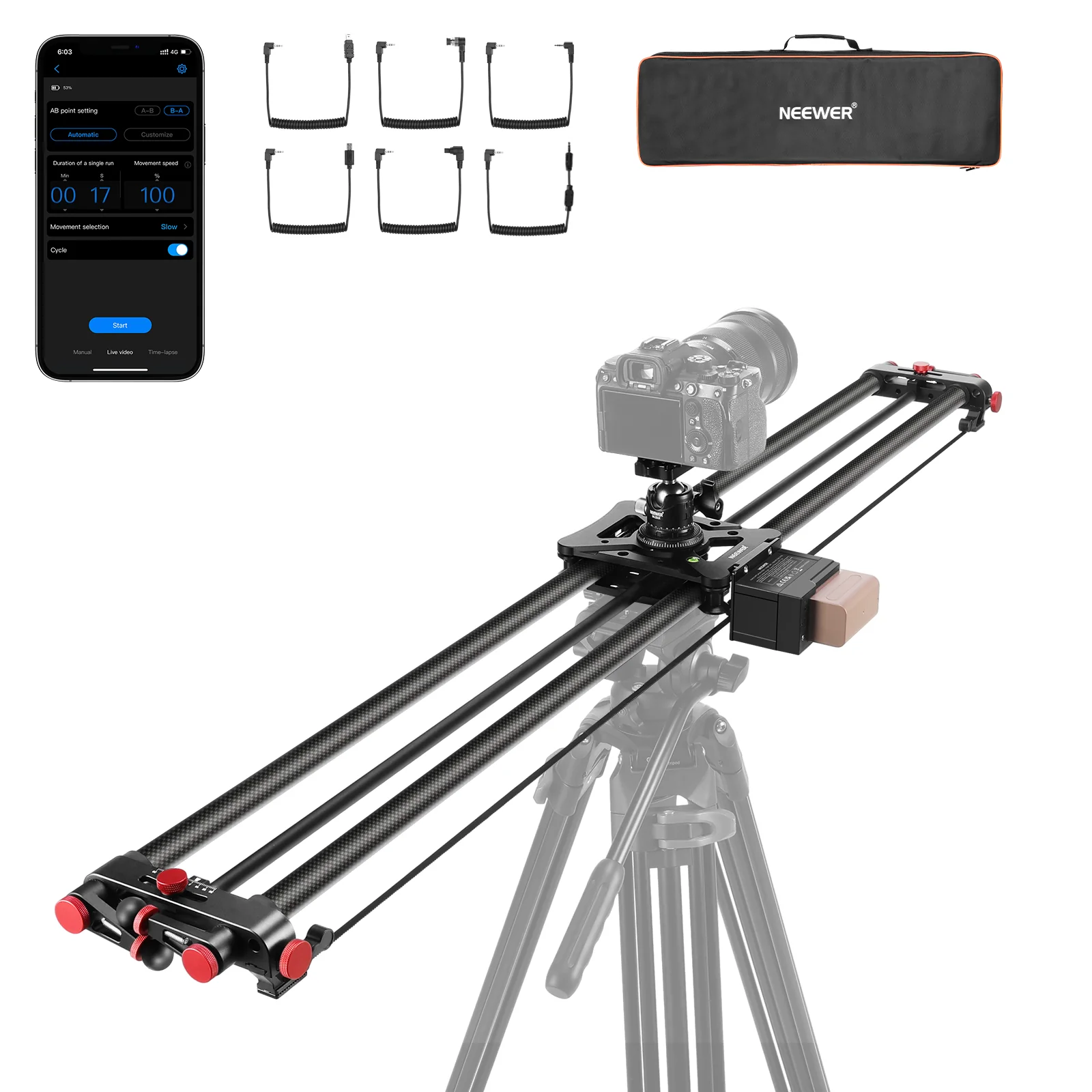 Neewer er1 motorized carbon fiber camera slider with f750 battery × 2