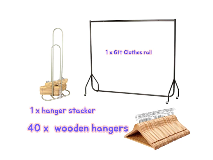 6ft heavy duty clothing rail + 40 wooden hangers clothes rail garment event pop up party fashion