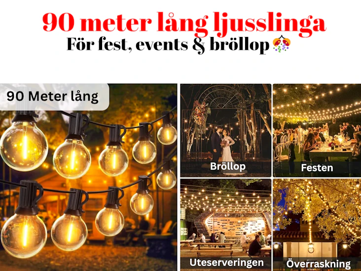 90 meter lång ljusslinga med stora lampor – perfekt för festen, bröllopet eller eventet 🎊💡