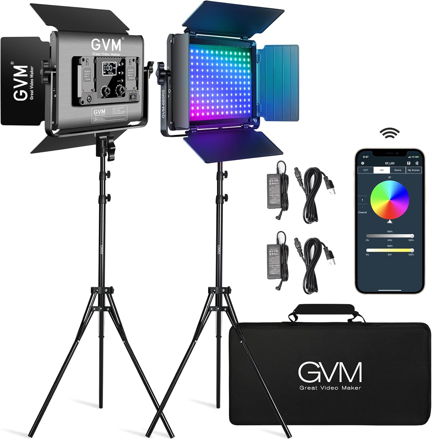 Gvm rgb led video lights, 680rs 50w led panel lights with stands x2