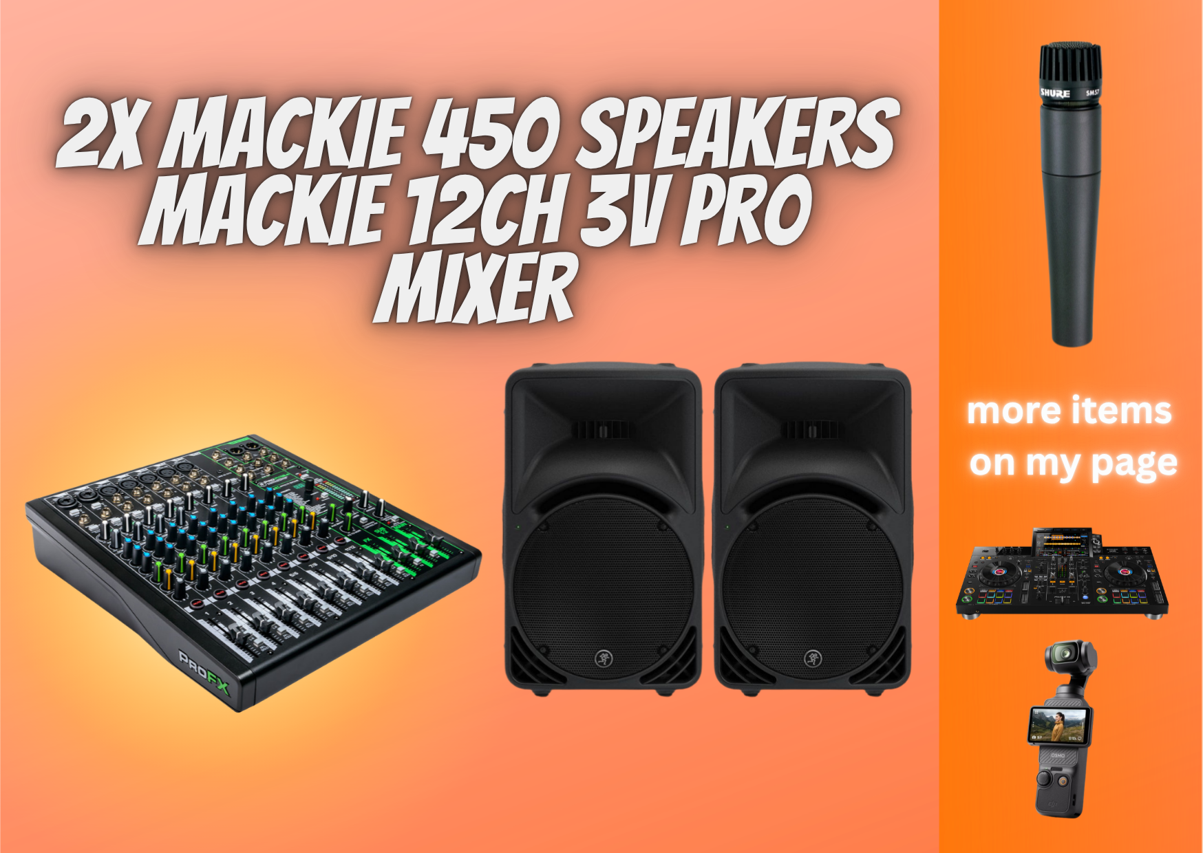 2x mackie srm 450 v3 speakers + mackie 12 channel mixer audio package