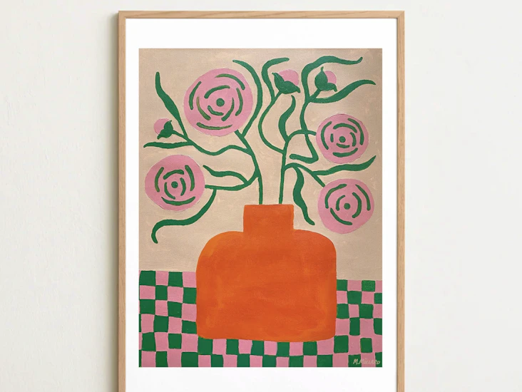 Tavla "ranunculus in orange vase" av madelen möllard – 50x70 cm, ekram