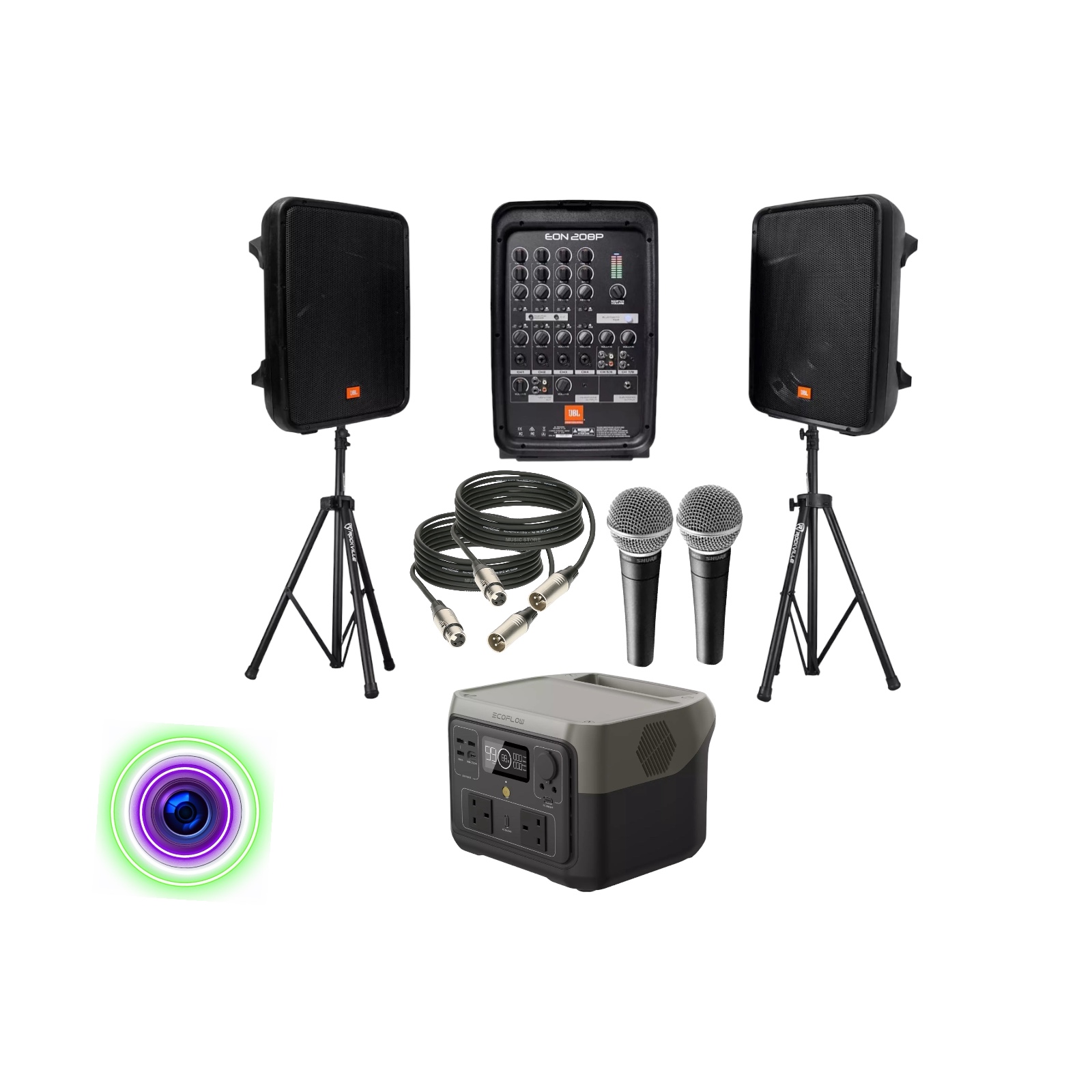 Pa system jbl eon208p portable speaker 2x microphone+ power bank ecoflow river 2 event