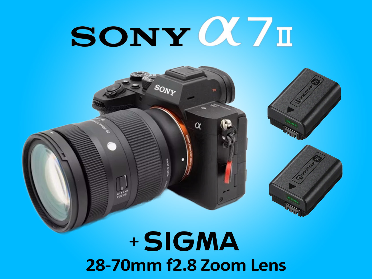 Sony alpha a72 a7ii mirrorless camera + sigma 28-70 f2.8 dg dn + batteries