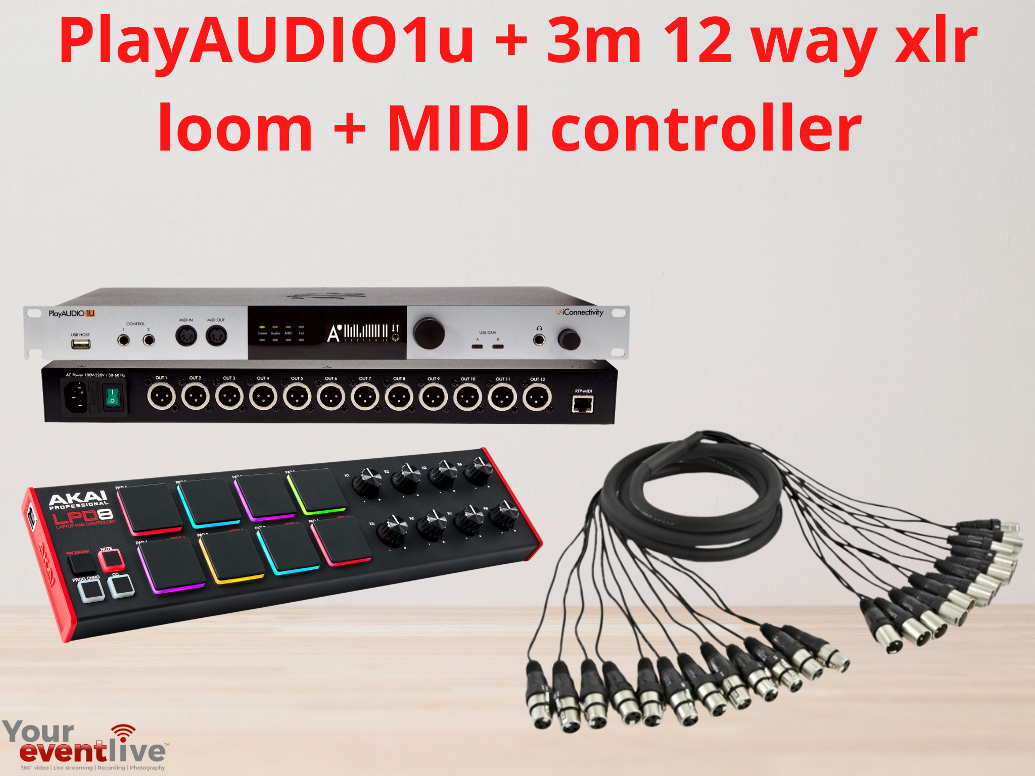 Playaudio1u + 3m 12 way xlr loom + midi controller