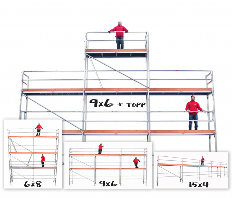 4 olika format, 9 x 6 m + gaveltopp, 9 x 6 m, 6 x 8 m eller på längden 15 x 4 m.