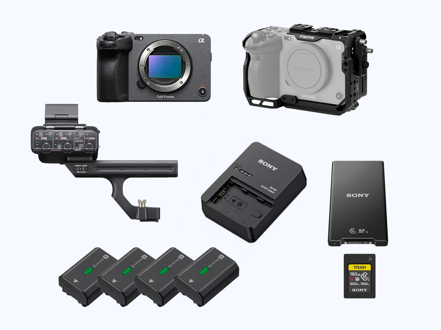 Sony fx3 cinema kit w/ xlr handle, 4 batteries, cfexpress + peli case