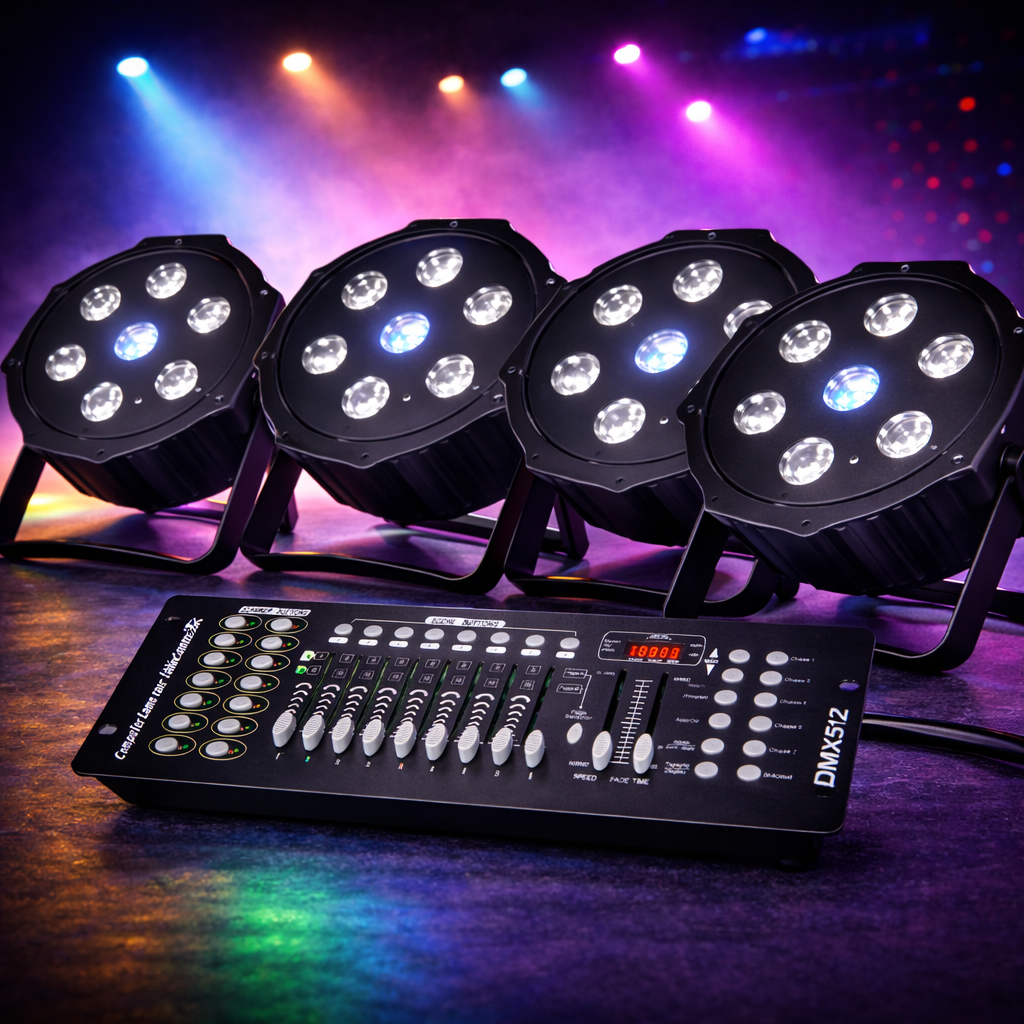 4 stk slim par led 70 w 0g dmx lys kontroller