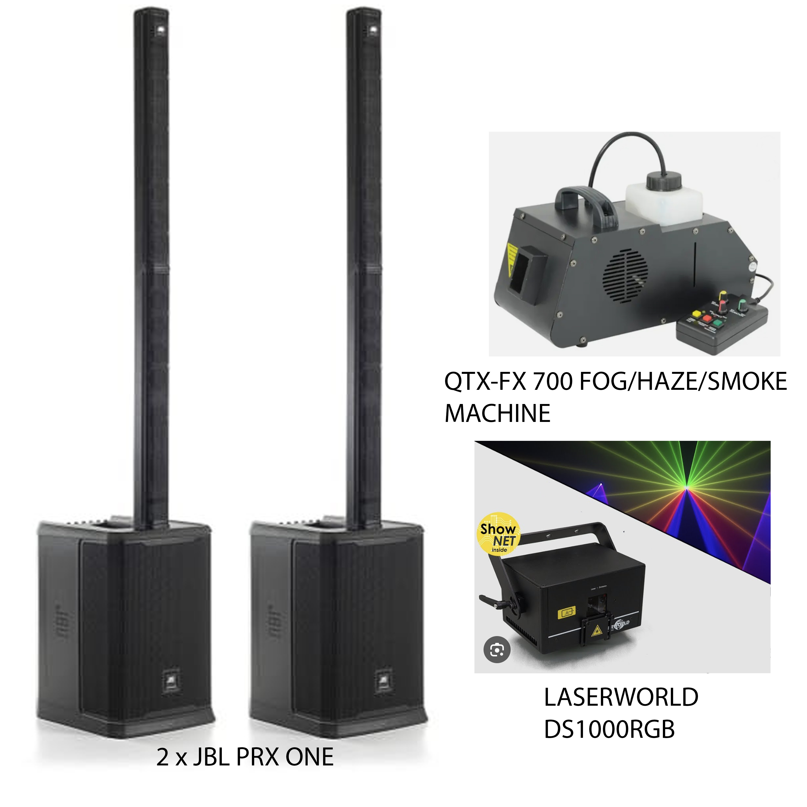 2 x jbl prx one 4000w speakers+ qtx-fx 700 fog/haze/smoke machine + laserworld ds1000rgb