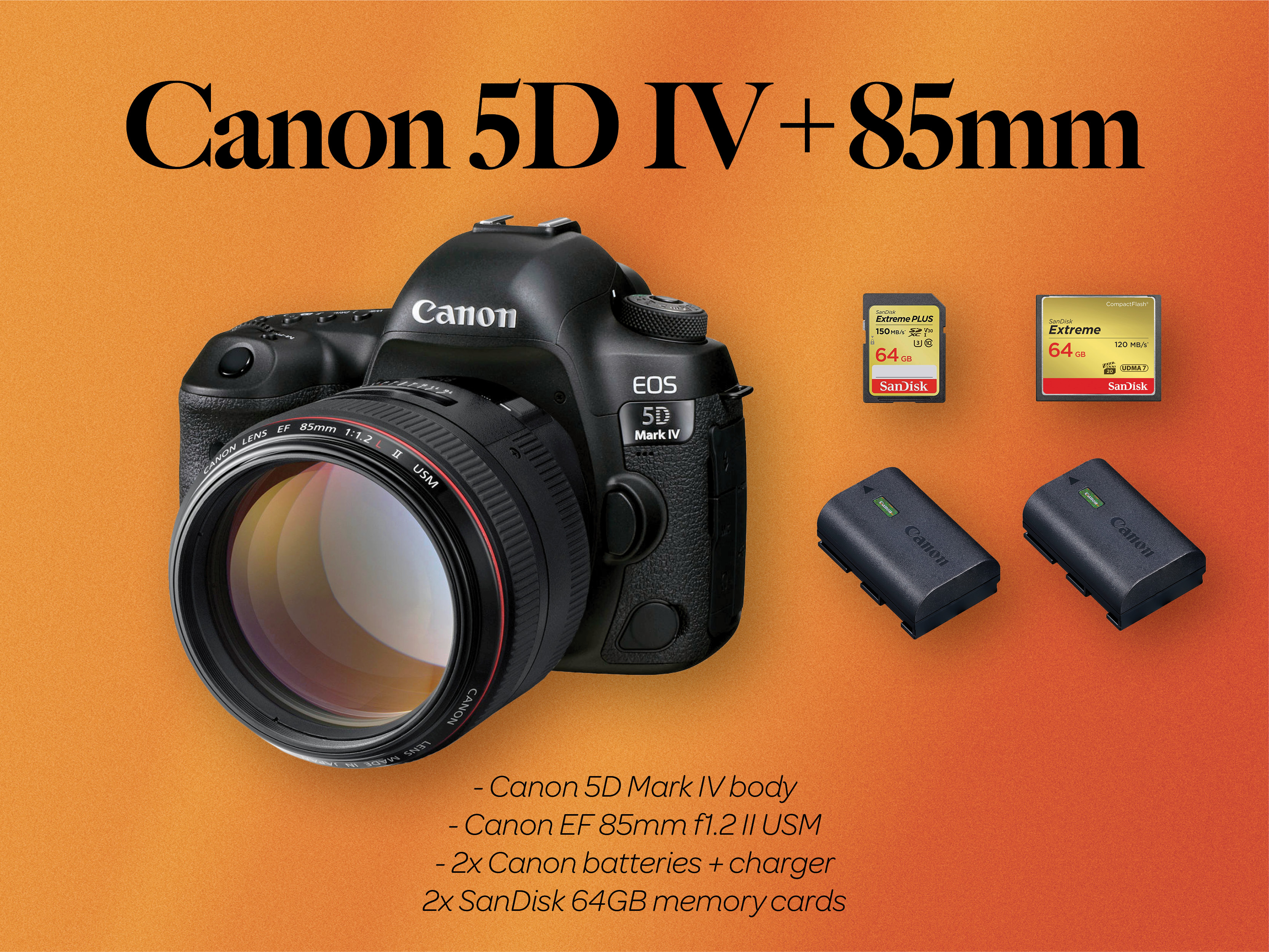 Canon 5d mark iv body + ef 85mm f1.2 ii lens (canon 5d iv 85 1.2)