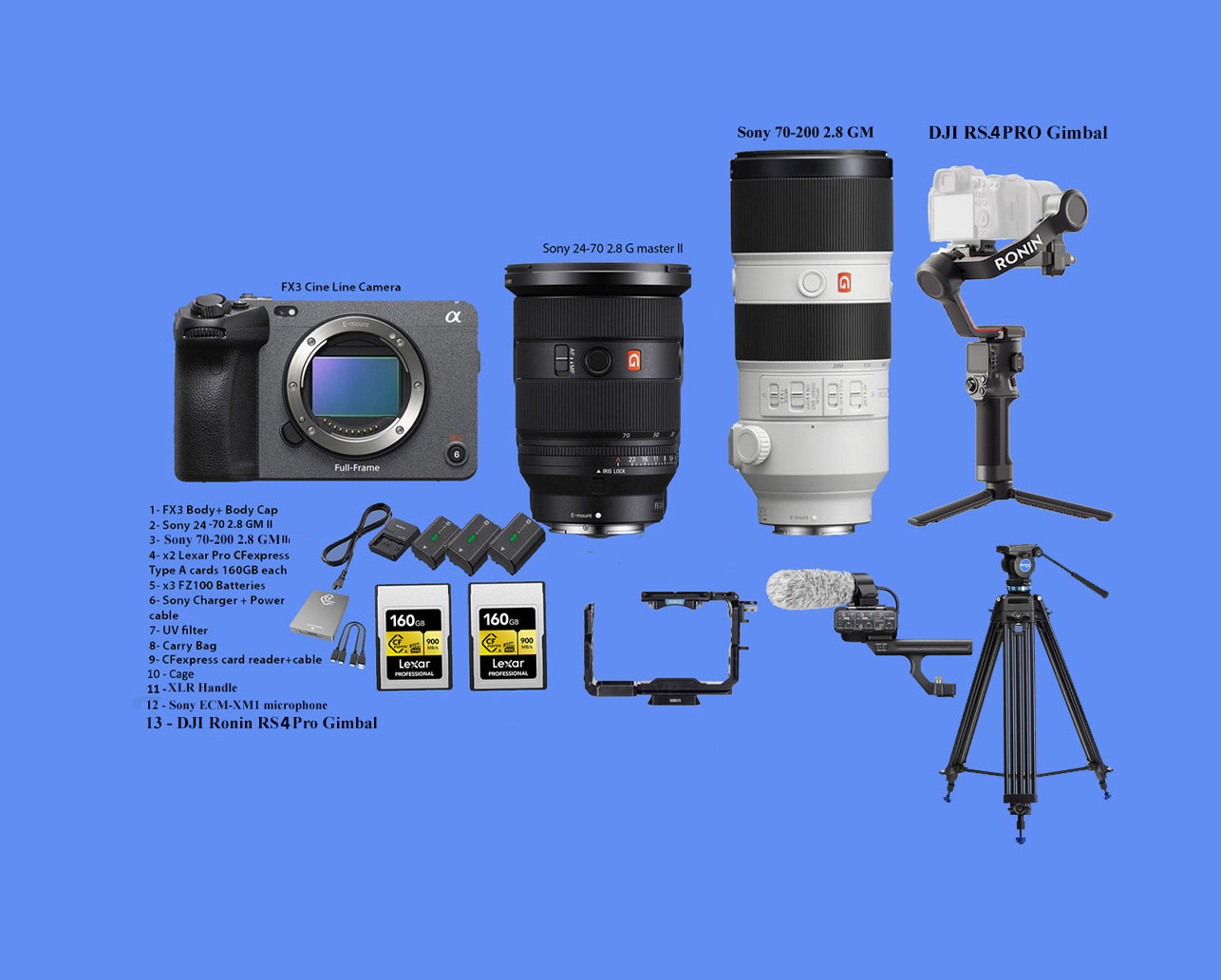 Sony fx3 cinema camera fe 24-70 2.8gmii, 70-200 2.8gmii, ronin rs4 pro