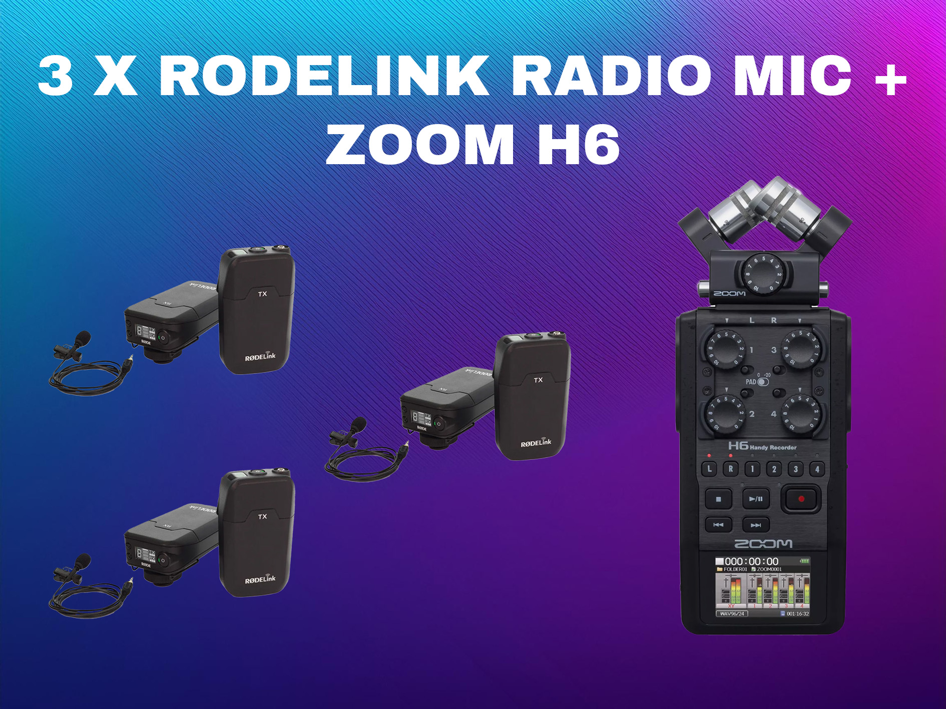 3x rodelink filmmaker kit / radio mic / lav mic + zoom h6