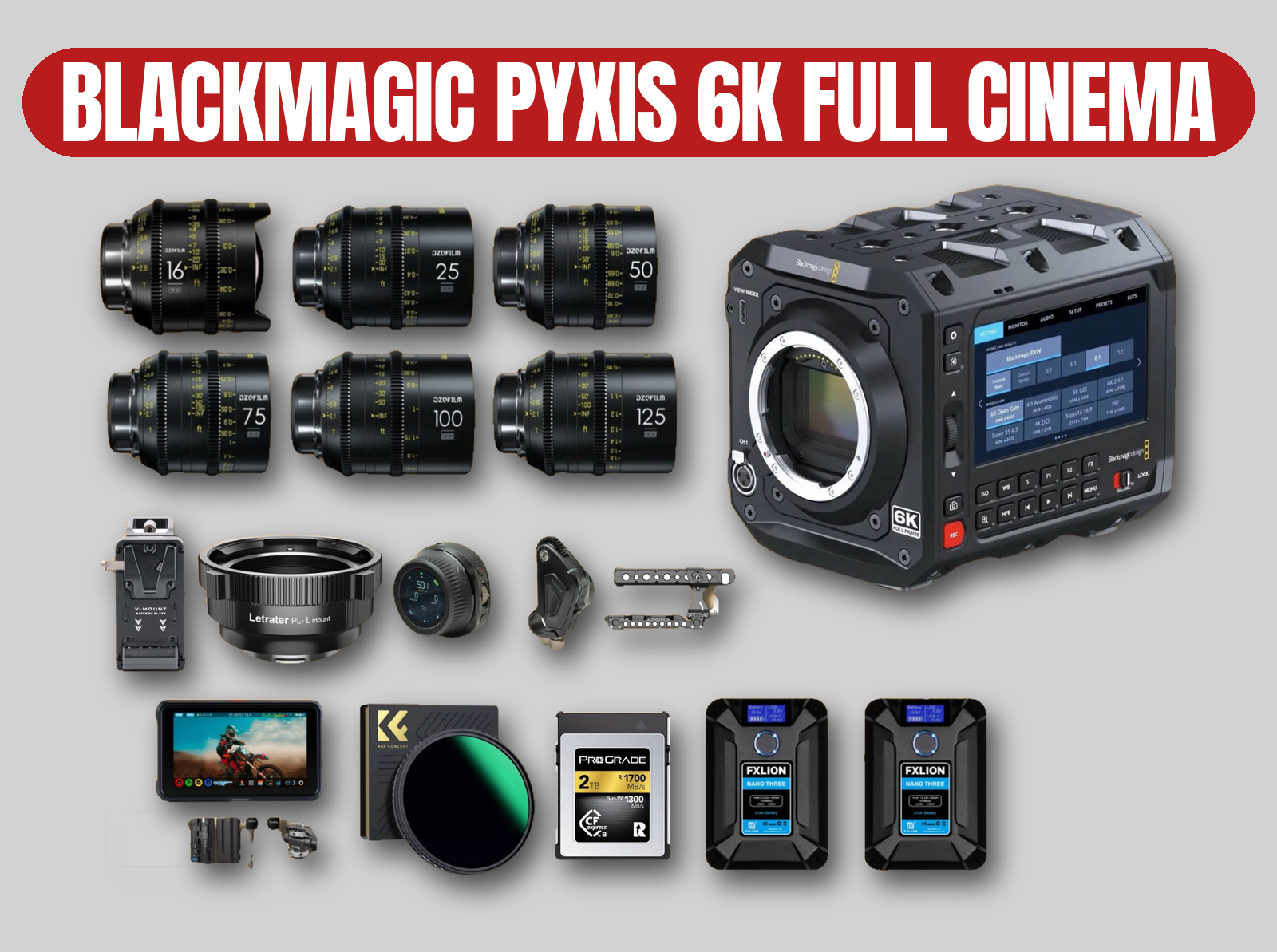Blackmagic pyxis 6k cinema camera kit | zeiss prime lenses (16-125mm) / raw video / monitor / power / media (red komodo / bmpcc 6k pro alternative)