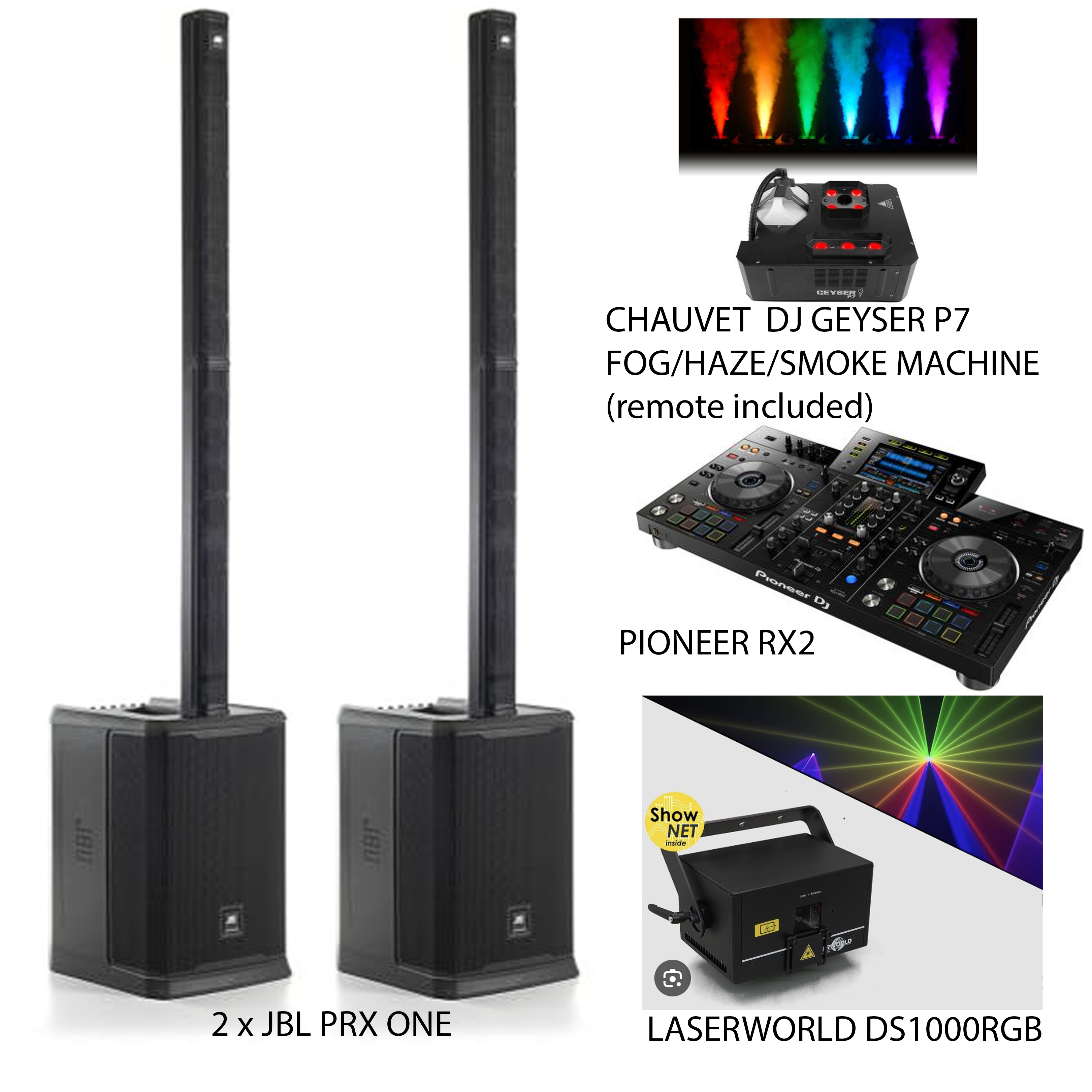 2 x jbl prx one 4000w  speakers + chauvet  dj geyser p7 fog/haze/smoke machine  + laserworld ds1000rgb + pioneer rx2