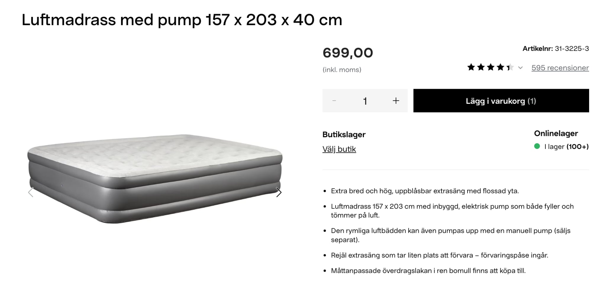 Luftmadrass med elektrisk pump 160cm bredd