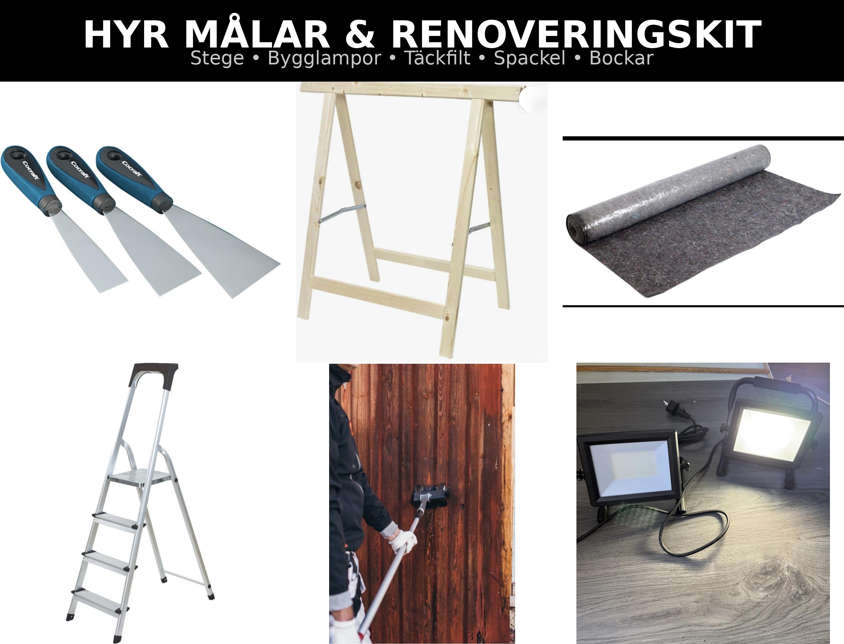 Målar- & renoveringskit att hyra – stege, bygglampor, täckfilt, bockar, spackelspadar m.m.