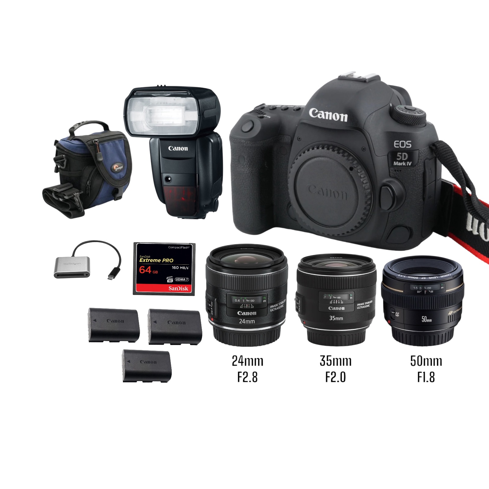 Canon 5d mark 4 iv camera 24mm 35mm 50mm f 1.4 f2.0 prime lens flash kit