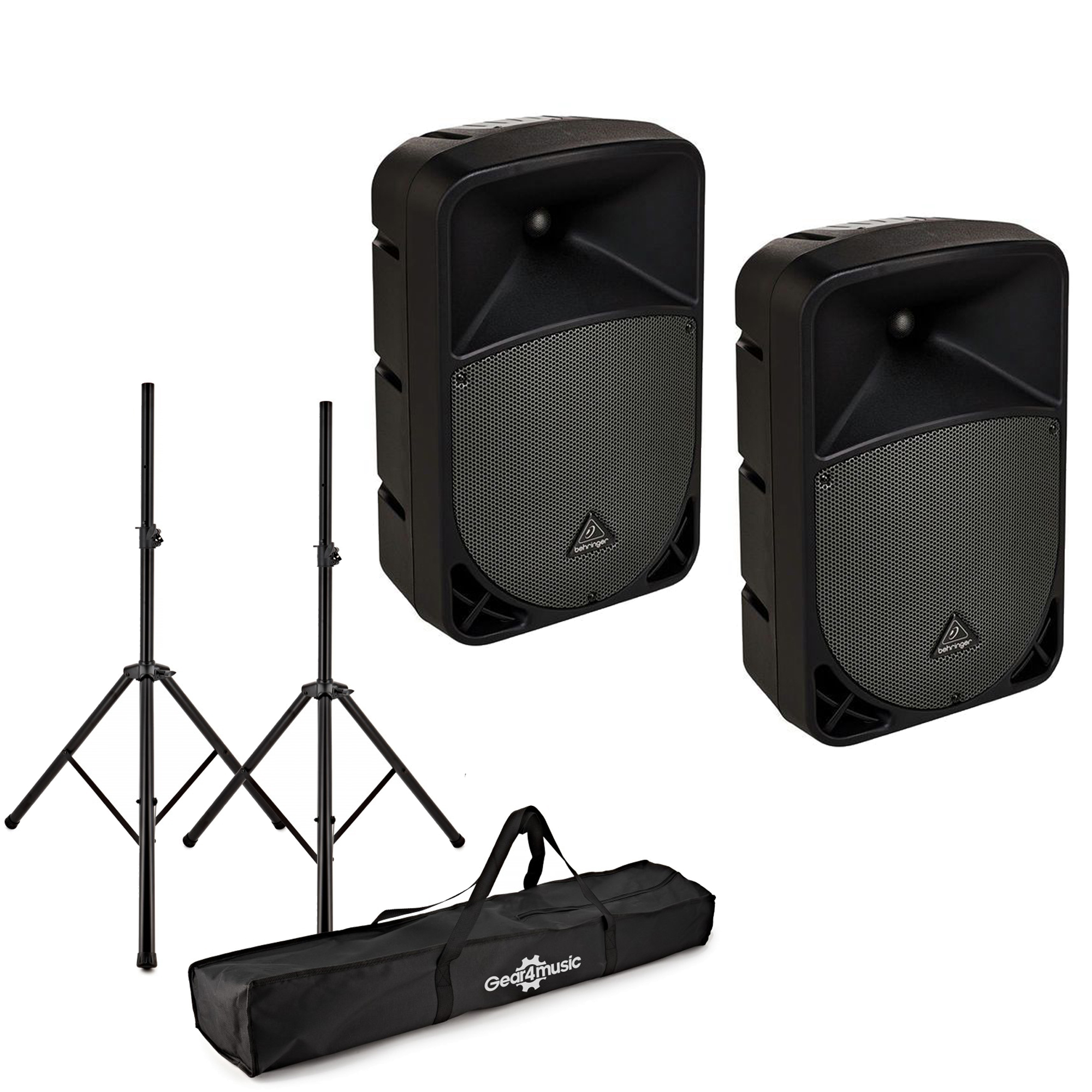 2x behringer eurolive b110d active pa speakers and stands
