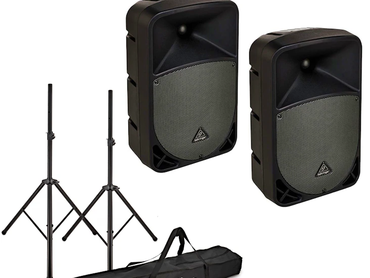 2x behringer eurolive b110d active pa speakers and stands