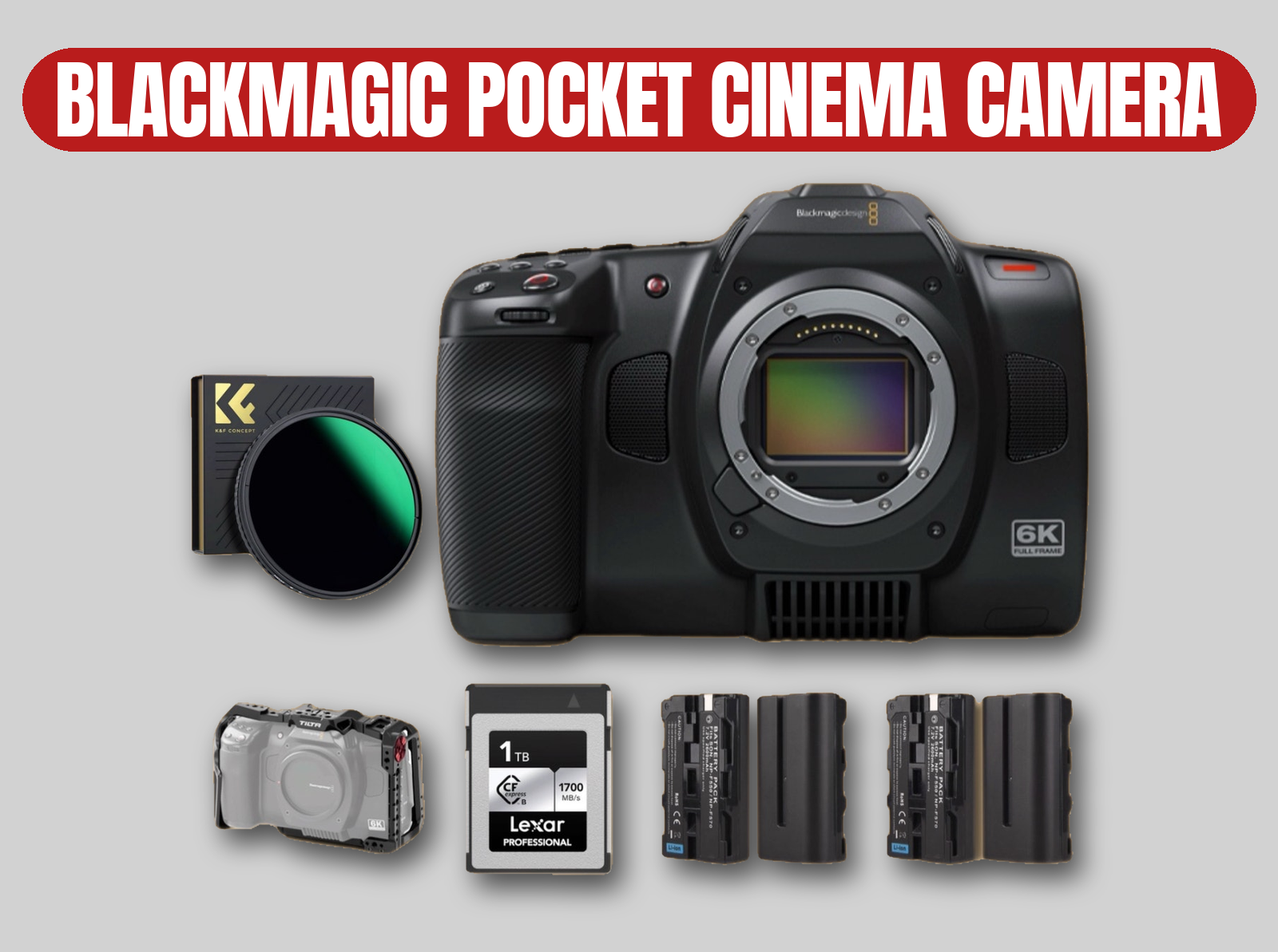 Blackmagic pocket cinema camera 6k full frame kit | bmpcc 6k ff / vnd filter / 1tb cfexpress / batteries / cage (canon r5c / sony fx3 alternative)