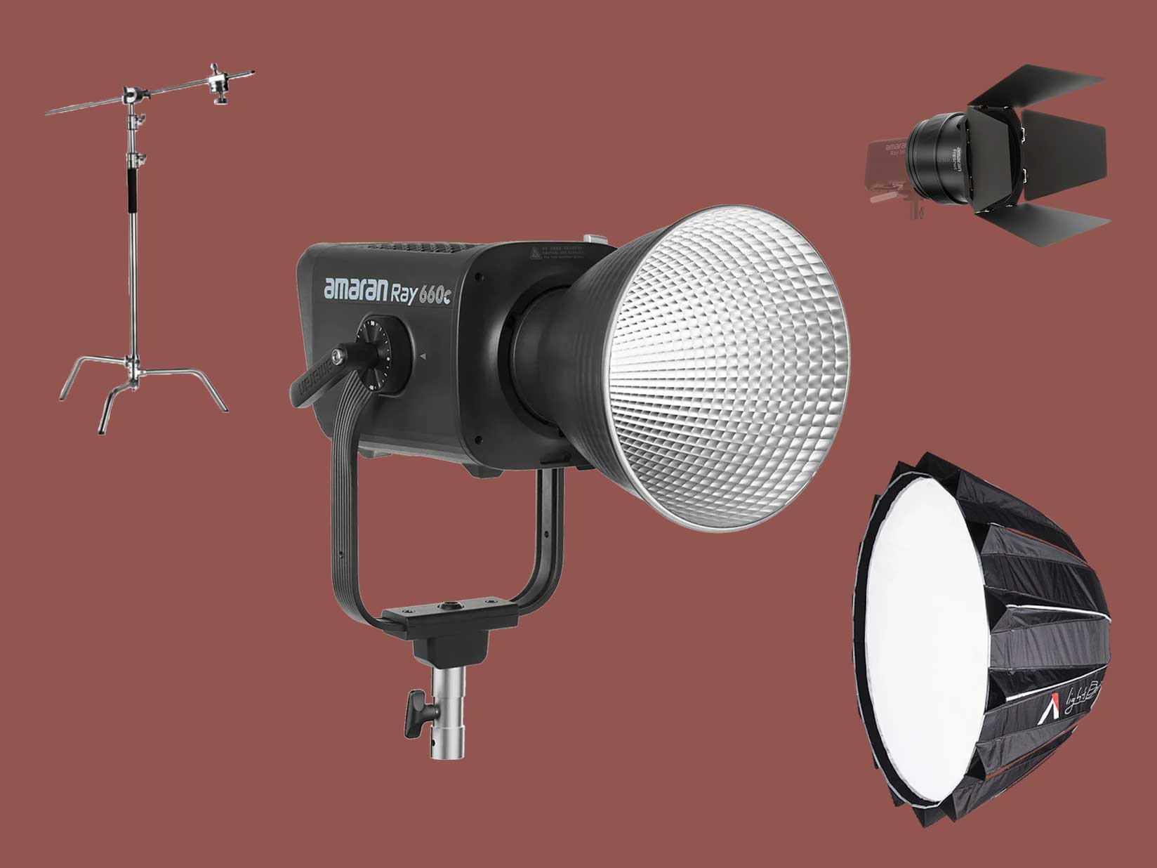 Amaran 660c + lightdome + c-stand + fresnel barndoors