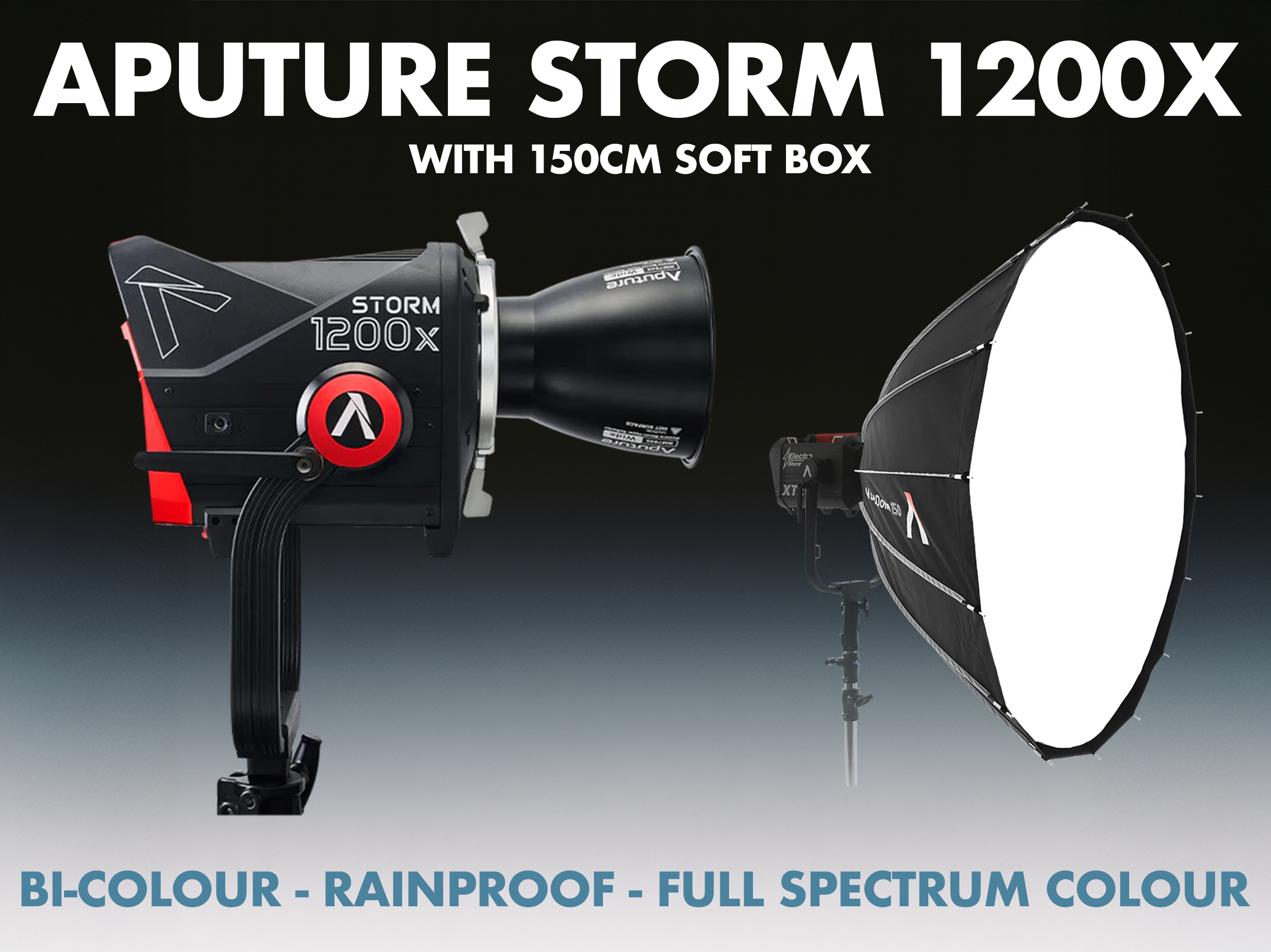 Aputure storm 1200x light (1200w) + 150cm light dome soft box & reflectors