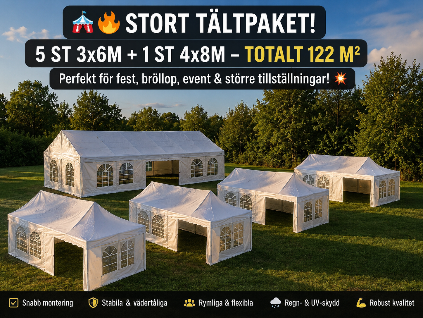 🎪 stort partytältpaket – 5 st 3x6 m + 1 st 4x8 m | totalt 122 m² 🎉
