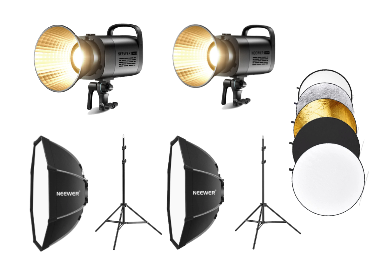 Complete lighting kit – 2x neewer cb60 70w + stands + reflector + 2x domes