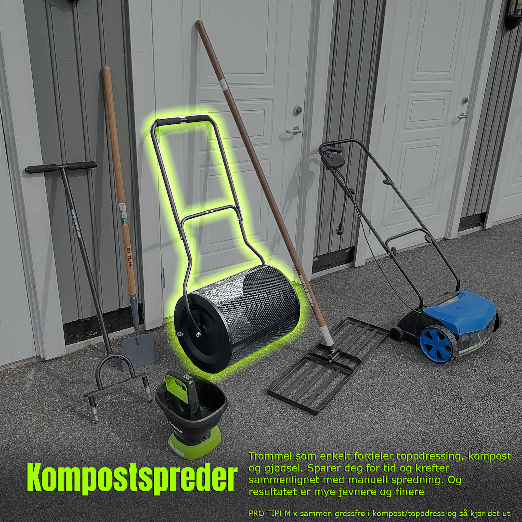 Kompostspreder / toppdressrulle / toppdress spreder / gittertrommel 