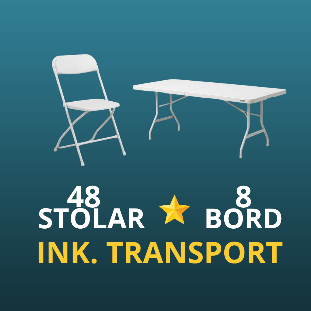 8 fällbord  med 48 vita/svarta klappstolar - paketpris ⭐ (inklusive transport)