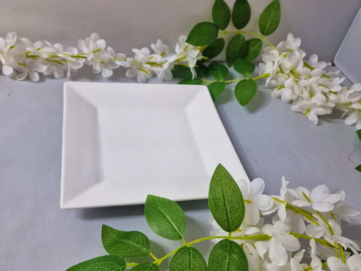 White ceramic square plate x 8