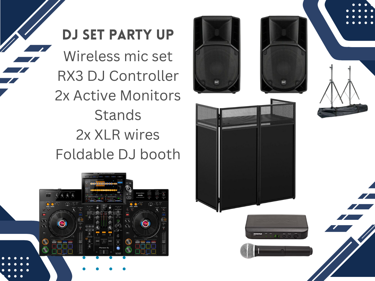 Dj party set up (dj controller, 2x speakers, wireless mic, dj booth & wires)