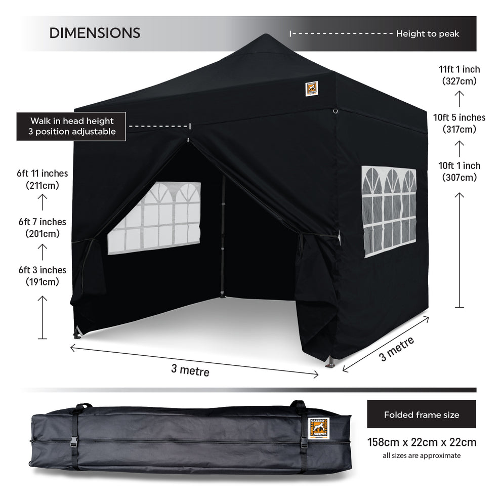 Heavy-duty gorilla 3x3m pop-up gazebo in black (with side walls)