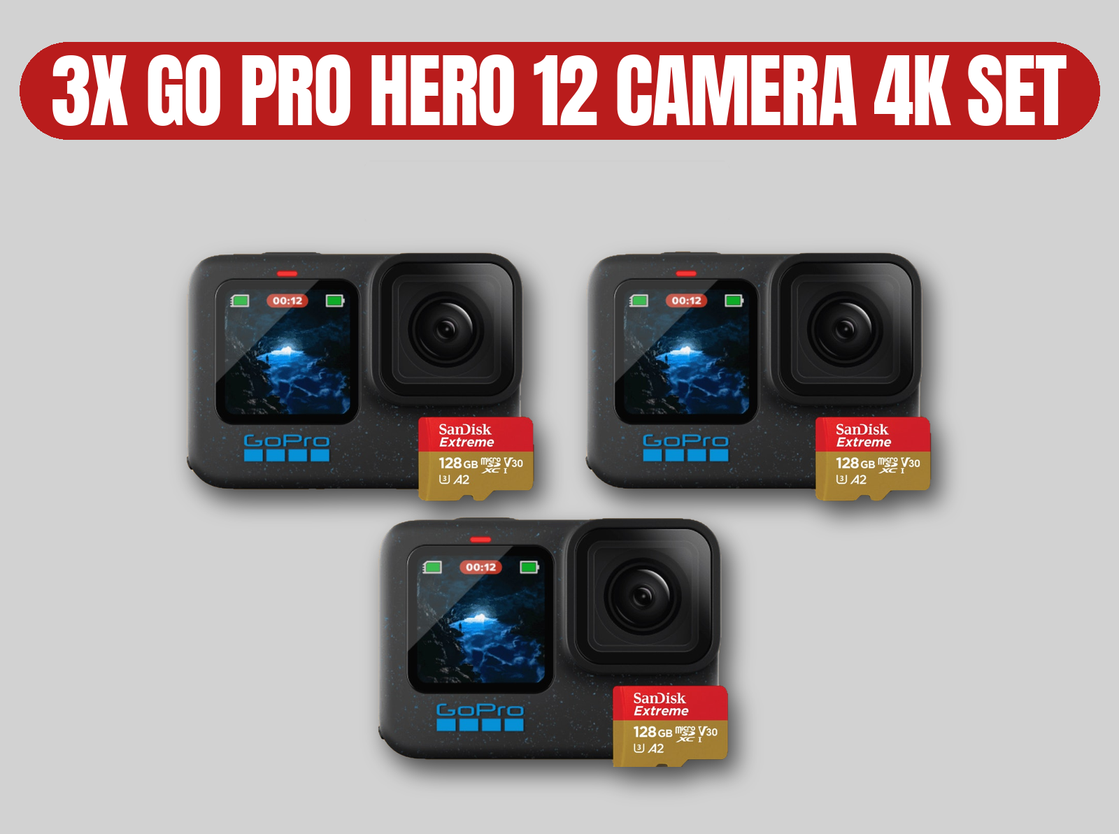 Gopro hero 12 action camera kit | 3x cameras / 4k / 5.7k / slow-mo / 6x batteries / 3x 128gb sd cards
