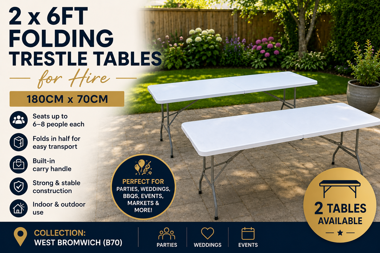 2 x 6ft folding trestle tables for hire