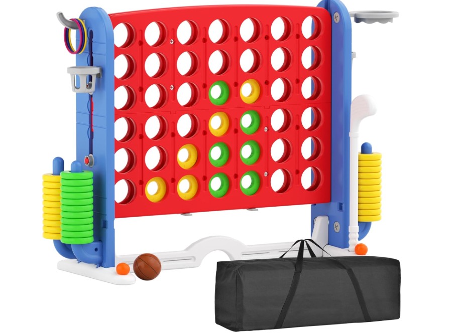 Giant connect 4 outdoor game set – 4-in-1 backyard party games (ring toss, basketball, golf)