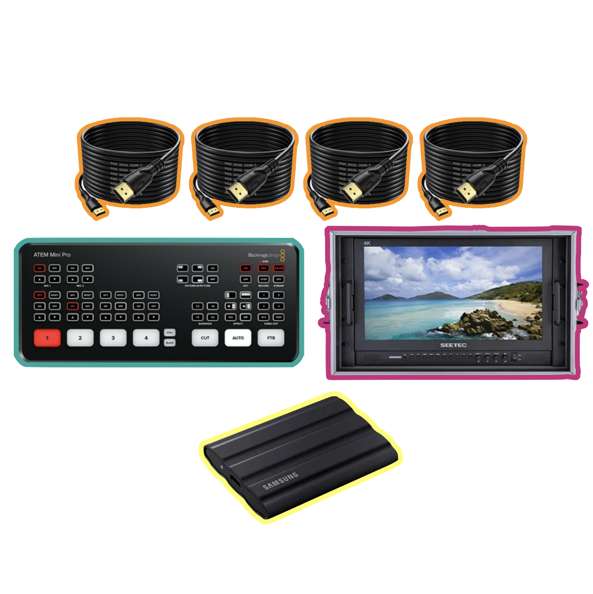Blackmagic atem mini pro iso switcher  + monitor + 4x 20m hdmi + ssd + flypack