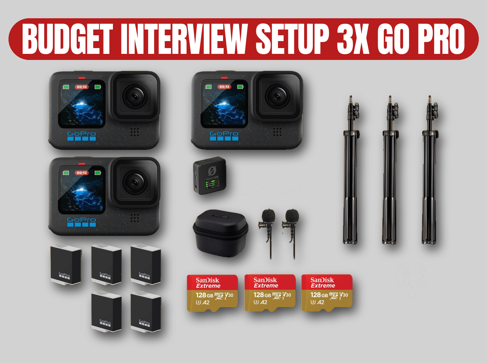 3x gopro hero 12 multi-cam kit | budget interview setup / rode wireless pro mics / lavs / stands / 3x 128gb sd cards
