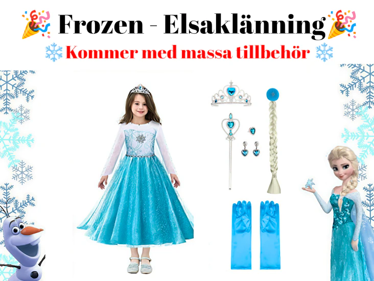 1: elsa-klänning från frozen med alla tillbehör (komplett prinsessetema