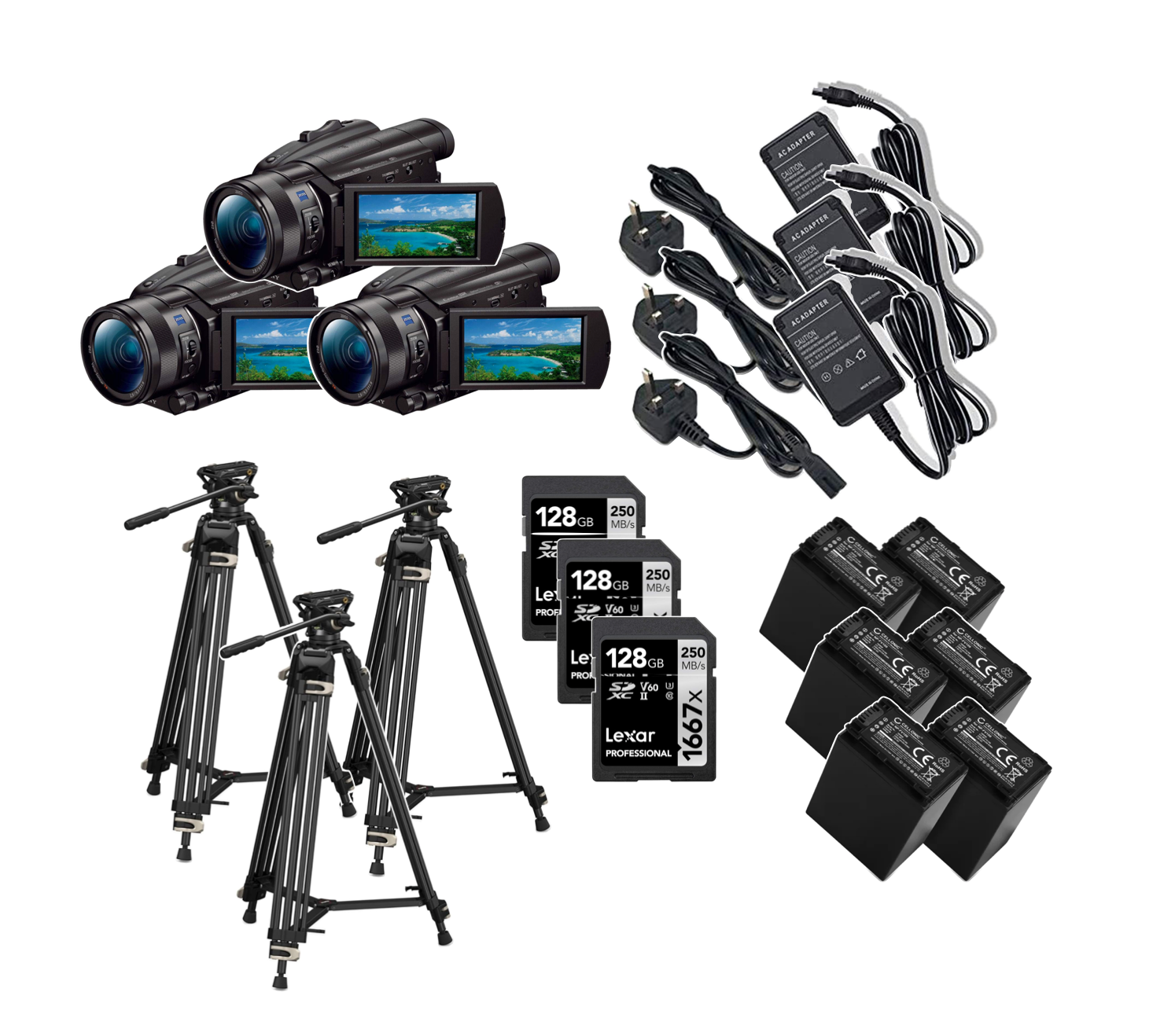 3x sony fdr ax700 4k camcorder + video tripod (atem podcast live stream video camera) 