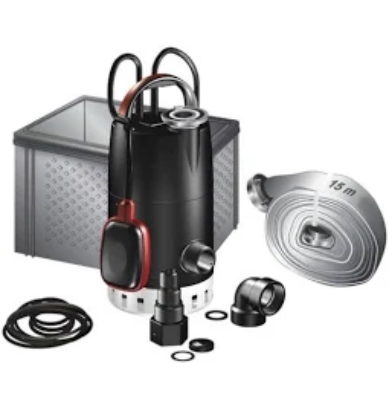 Lensepumpe / dreneringspumpe for kjeller – komplett med 15m slange)