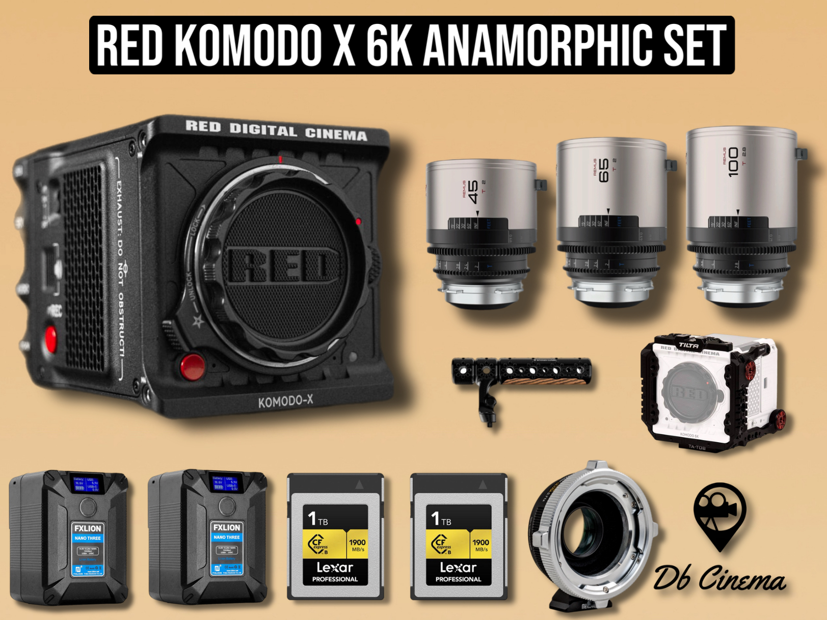Red komodo x 6k cinema camera digital rf arri pl mount + 3x anamorphic lens remus blazar set + 2x v mounts + 2tb storage