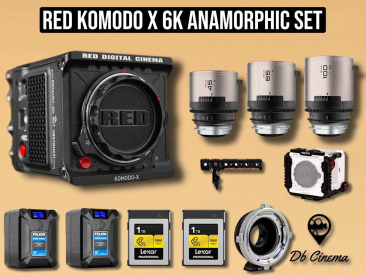 Red komodo x 6k cinema camera digital rf arri pl mount + 3x anamorphic lens remus blazar set + 2x v mounts + 2tb storage